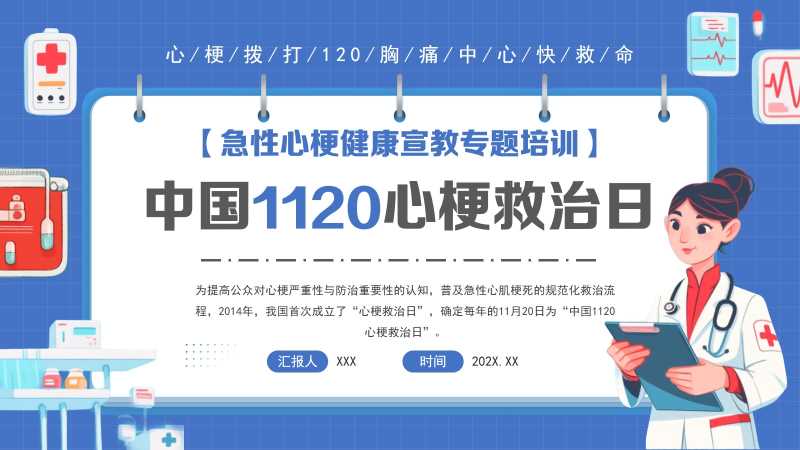 卡通风中国1120心梗救治日PPT模版20251118